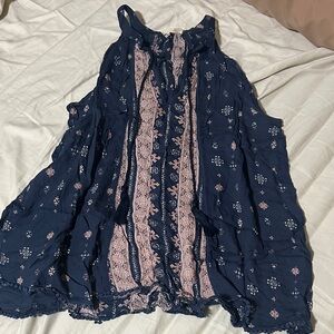 Women’s Navy and Pink Boho Embroidered Tank Top